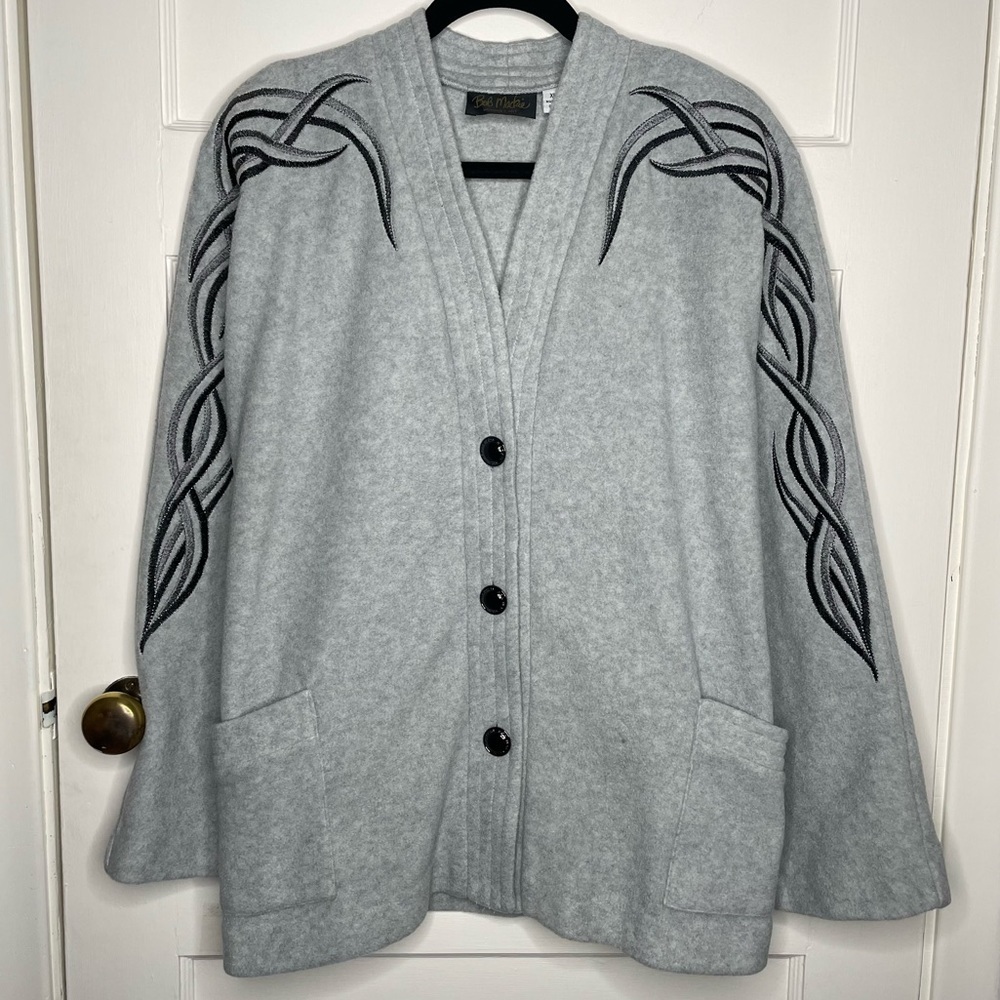 Vintage Bob Mackie Wearable Art Cardigan Sweater Gray Black Embroidered XL